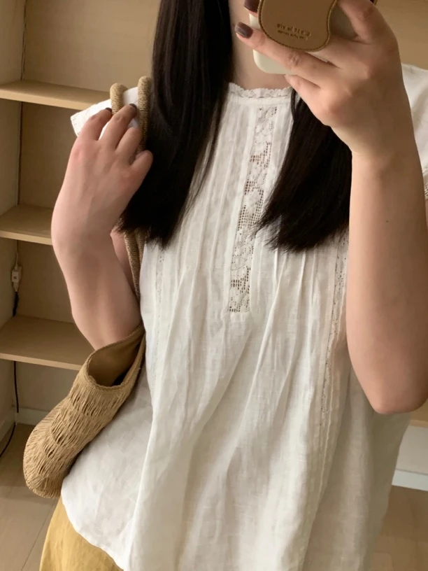 【梨花自留】夏日麻料法式蕾丝边小衫