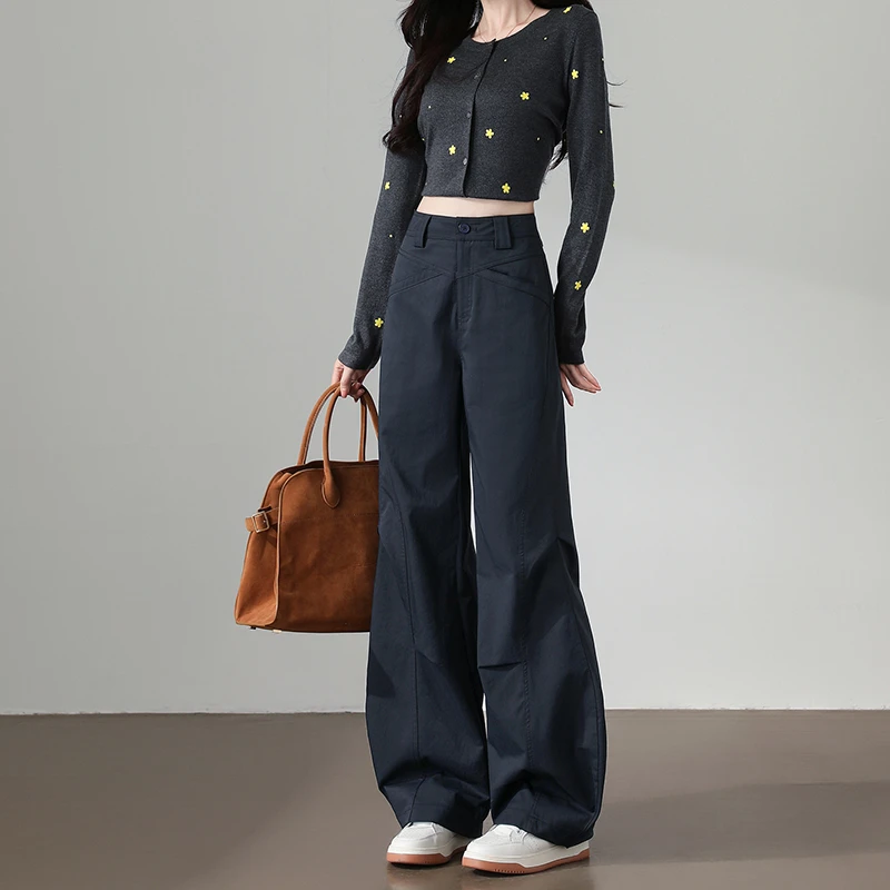 弯刀工装裤女2025秋冬新款窄版阔腿高腰宽松加绒小个子休闲直筒裤