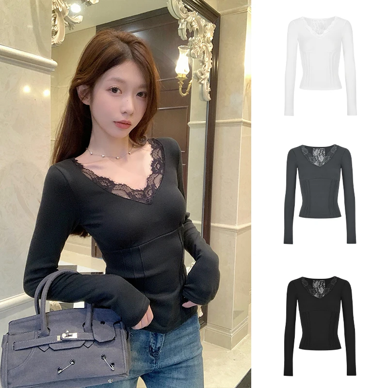 Moses Queen/魔西女王纯欲蕾丝拼接V领后背镂空打底衫女修身显瘦