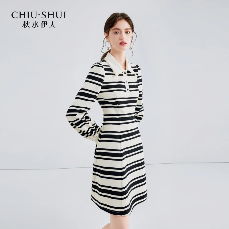 秋水伊人时尚POLO领条纹连衣裙2025春季新款女收腰624112D020108