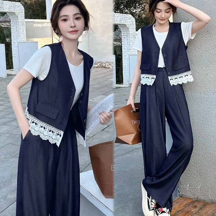 韩系气质蕾丝拼接阔腿裤套装女2025夏季小个子休闲显瘦马甲三件套