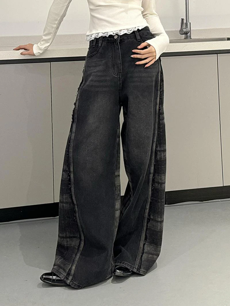 美式高街撞色格纹拼接牛仔裤子女秋季新款辣妹宽松垂感拖地阔腿裤