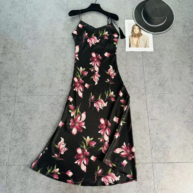 GW2025玫瑰印花时尚温柔印花吊带连衣裙