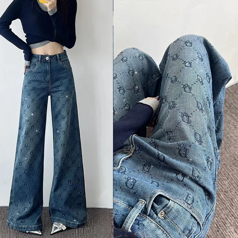 2025欧洲站新款满钻牛仔裤女秋冬新款高腰显瘦直筒阔腿裤百搭牛仔