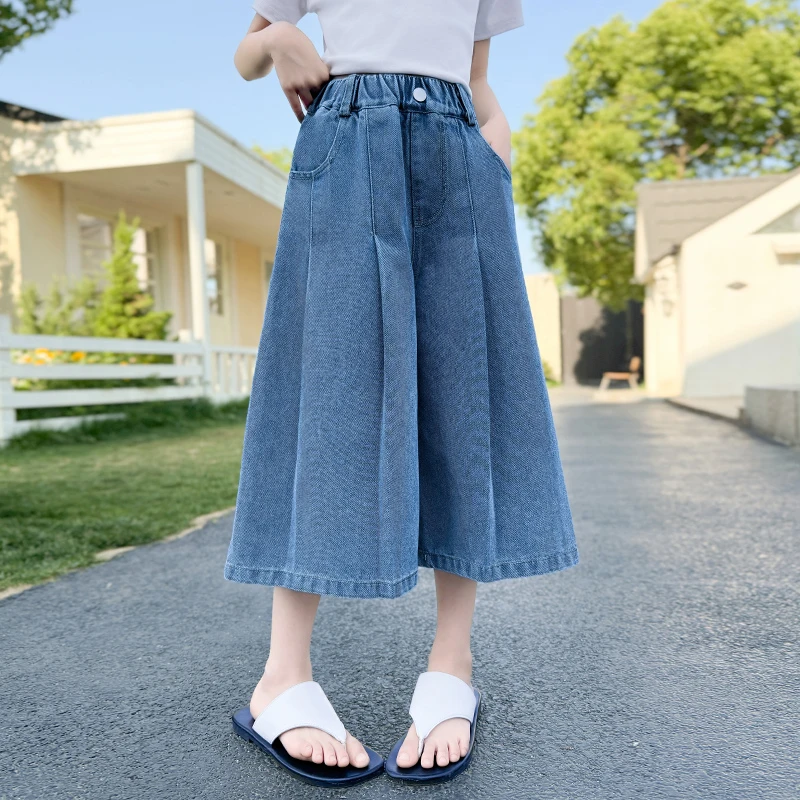 女童牛仔裙裤2025新款夏装洋气阔腿裤宽松七分裤女孩夏季薄款裤子