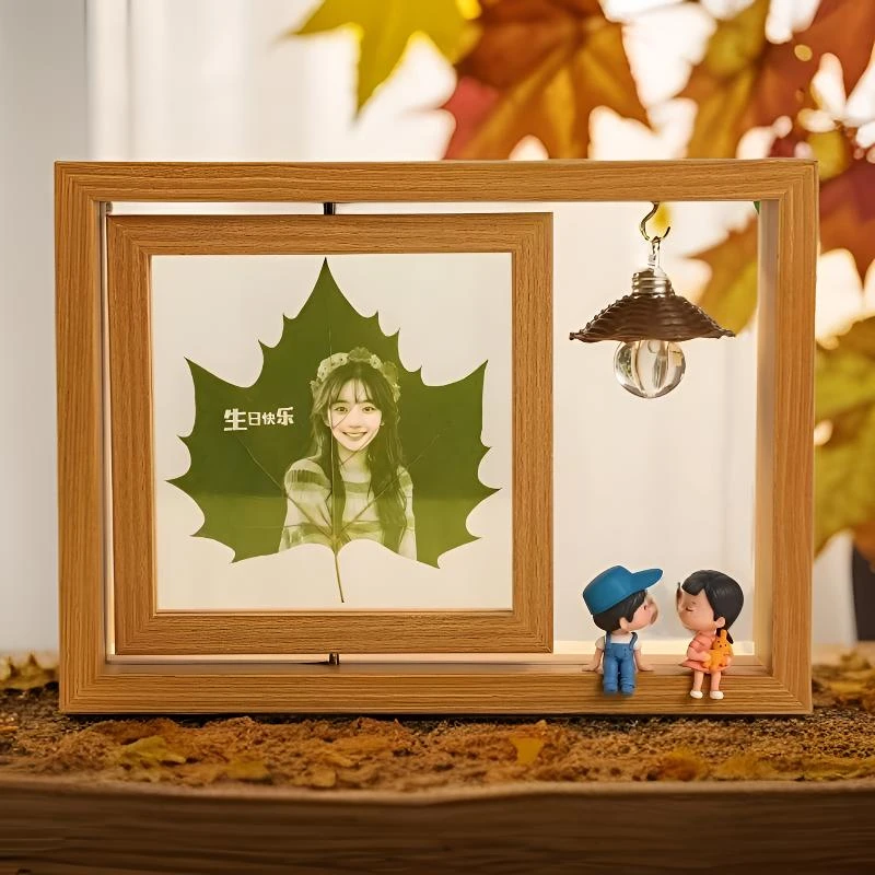 梧桐叶叶雕照片定制旋转相框浪漫灯光设计送爱人日常礼物生日礼物