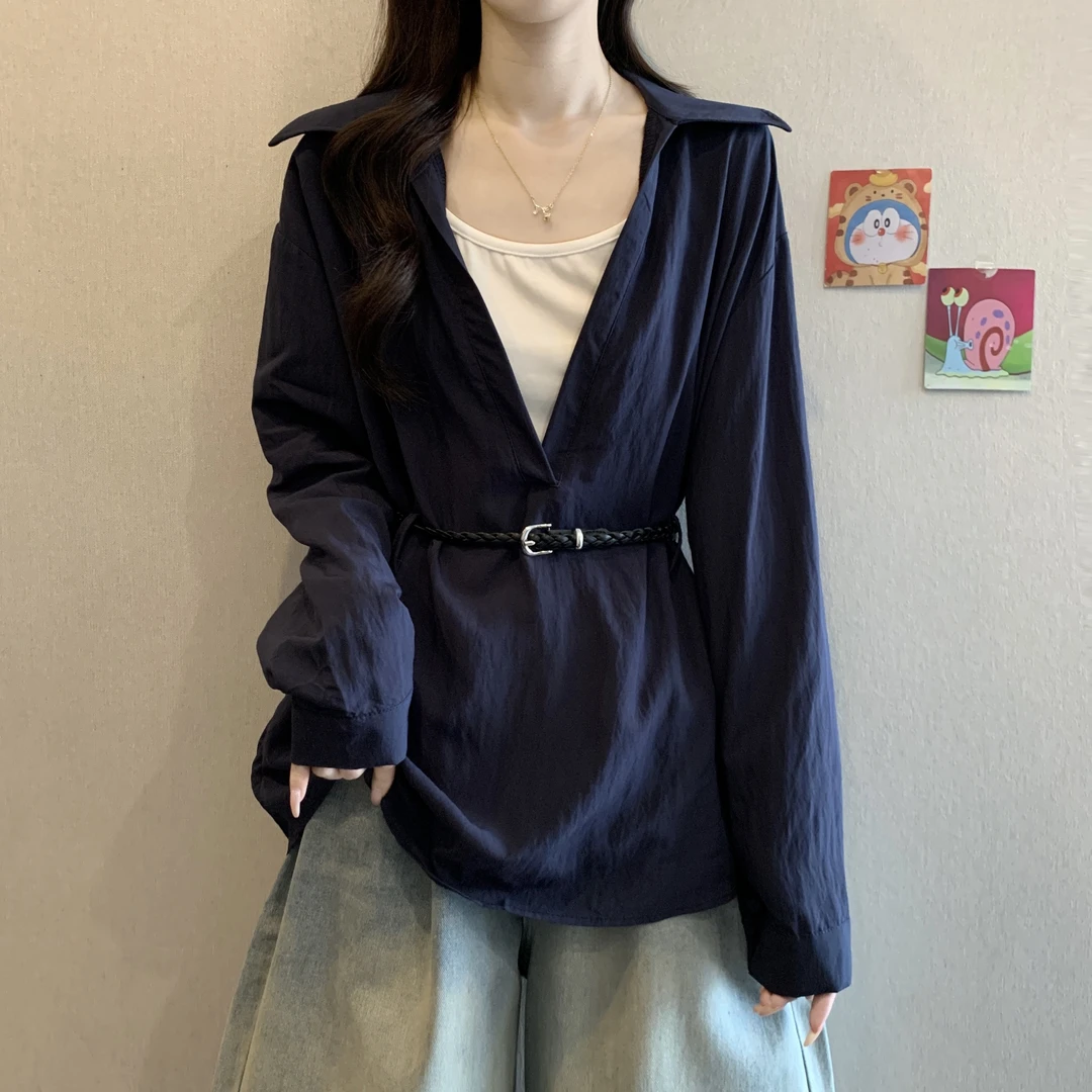 大码女装胖mm正肩假两件V领长袖衬衫女早秋新款收腰显瘦别致上衣