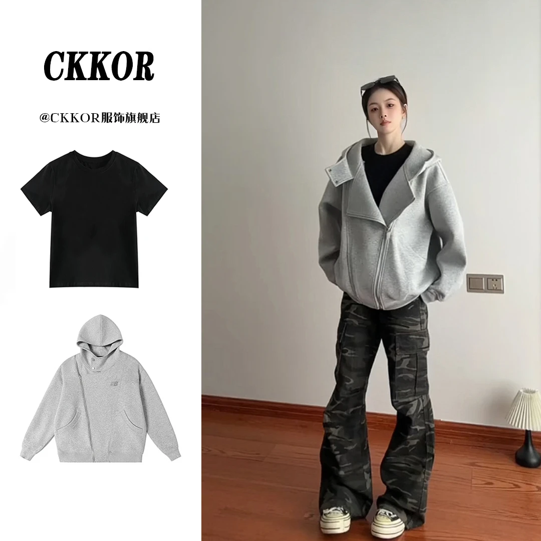 CKKOR拉链连帽开衫外套女刺绣设计感卫衣早秋季正肩修身短袖套装