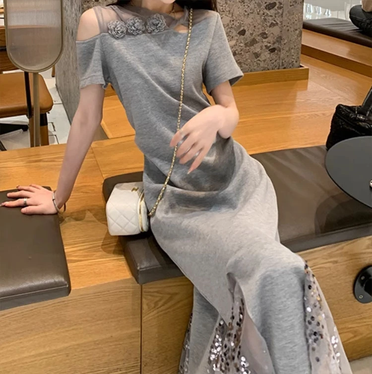 灰色法式露肩拼接连衣裙气质女夏季显瘦减龄高级感裙子
