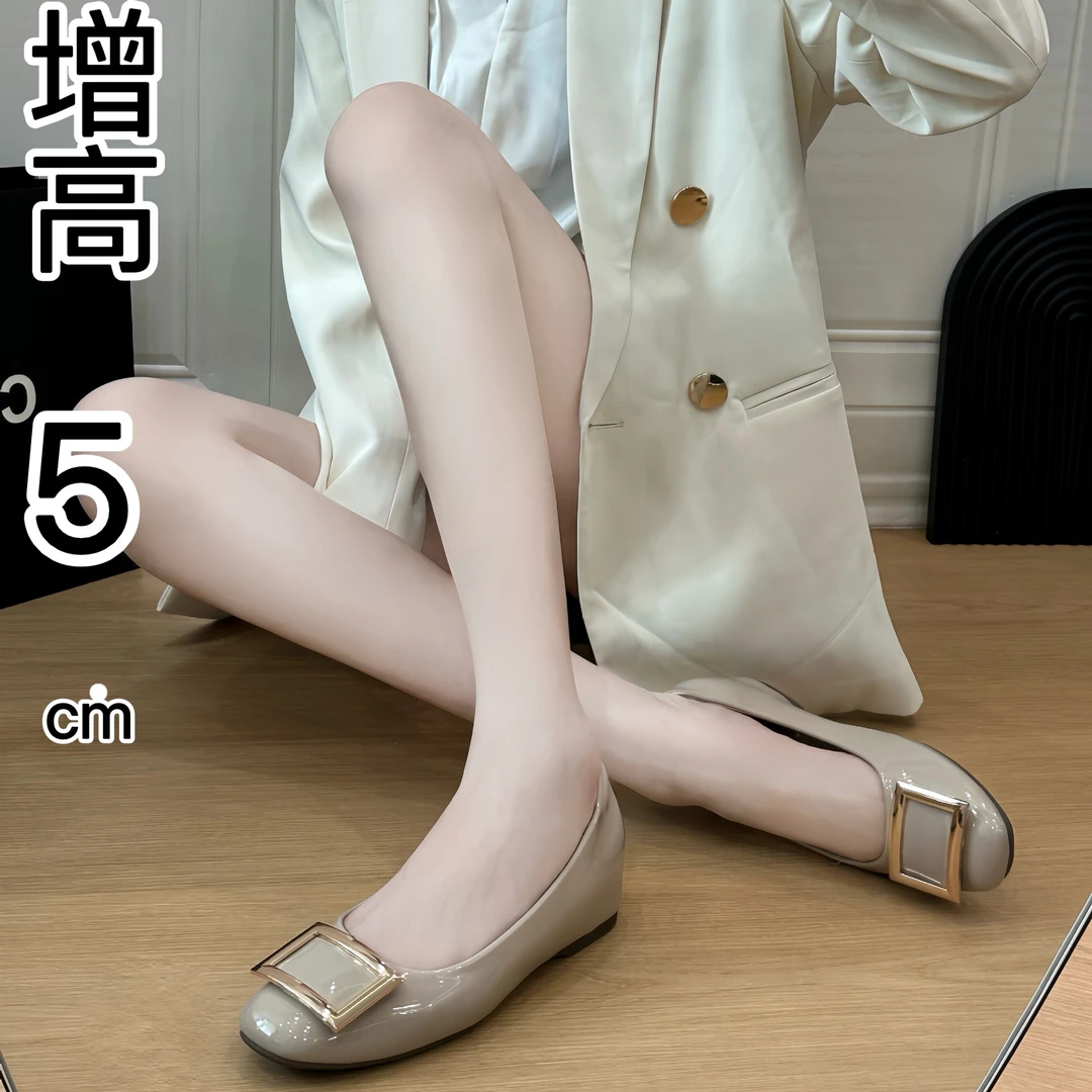 甜甜方头·大象灰漆皮~经典方扣气质浅口内增高通勤单鞋女皮鞋夏季