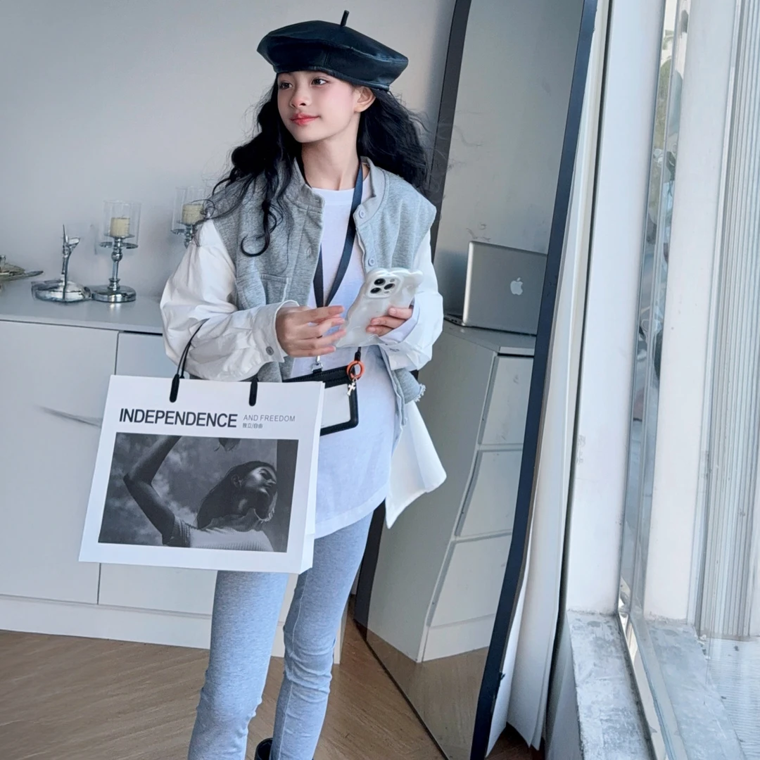 女童2025秋季新款洋气宽松衬衫长袖设计感假两件中长款拼接套装