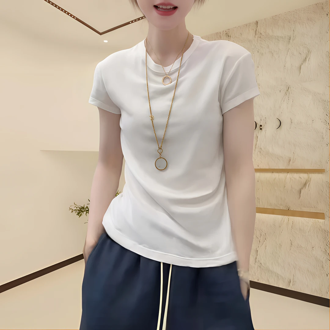 夏季经典圆领短袖T恤女2025新款休闲百搭抗皱韩系纯色洋气上衣