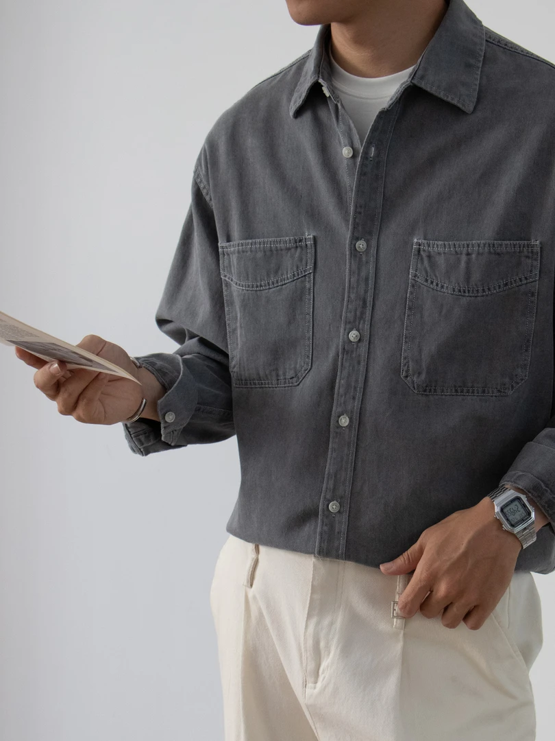 ZK【德比】双口袋水洗重磅复古衬衫男秋季宽松长袖男装衬衫