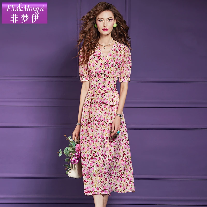 菲梦伊夏季新款复古印花中长款收腰显瘦优雅法式时尚连衣裙63342