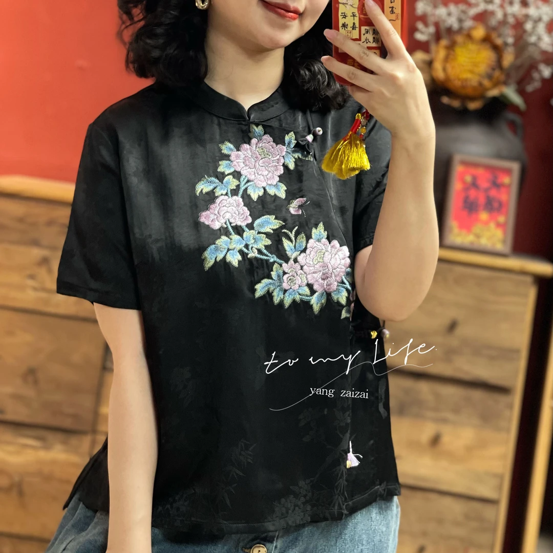 羊在在【南枝】新中式盘扣设计感刺绣民族风上衣短袖SY24YX0553