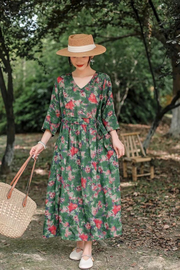 【西缺麻韵衣櫉单层款】苎麻连衣裙无衬长款女款显瘦连衣裙集合链接