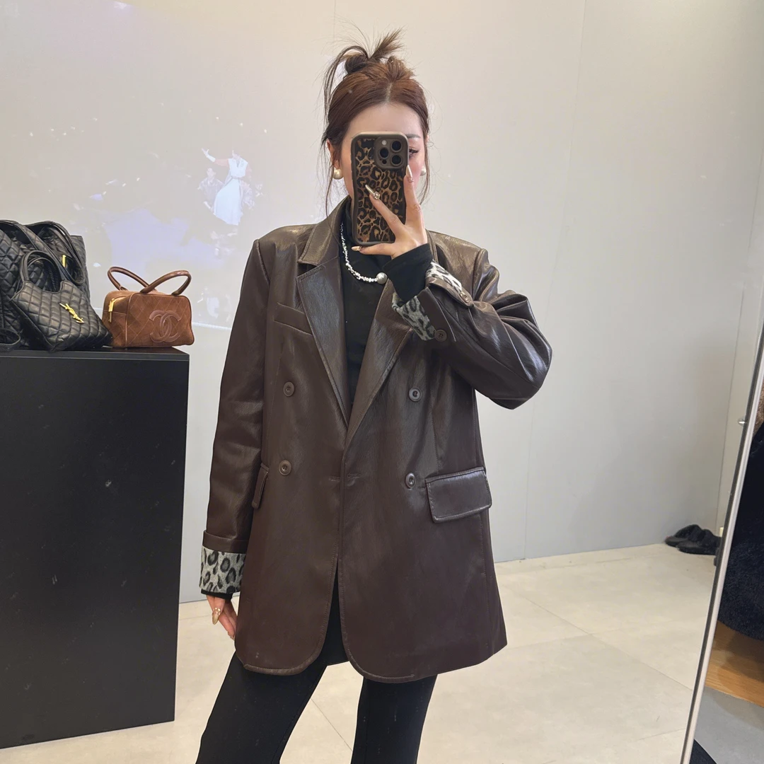 秋冬新款韩版常规长袖豹纹皮衣女时尚气质拼接休闲常规款外套