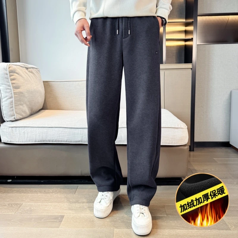 简约风加绒毛呢裤子男秋冬款直筒卫裤2025新款男士高级感宽松长裤