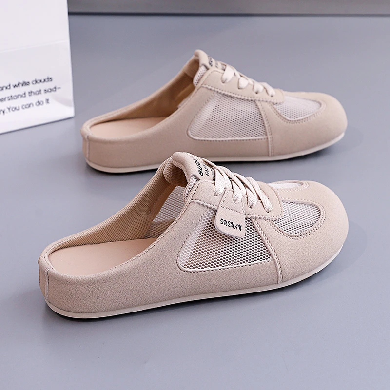 2025夏季新款百搭半拖小白女鞋外穿懒人爆款包头平底网面凉拖鞋子