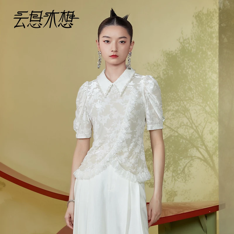 Ysimo-X云思木想新中式2024夏季新款钉珠丝绒烧花衬衫11662