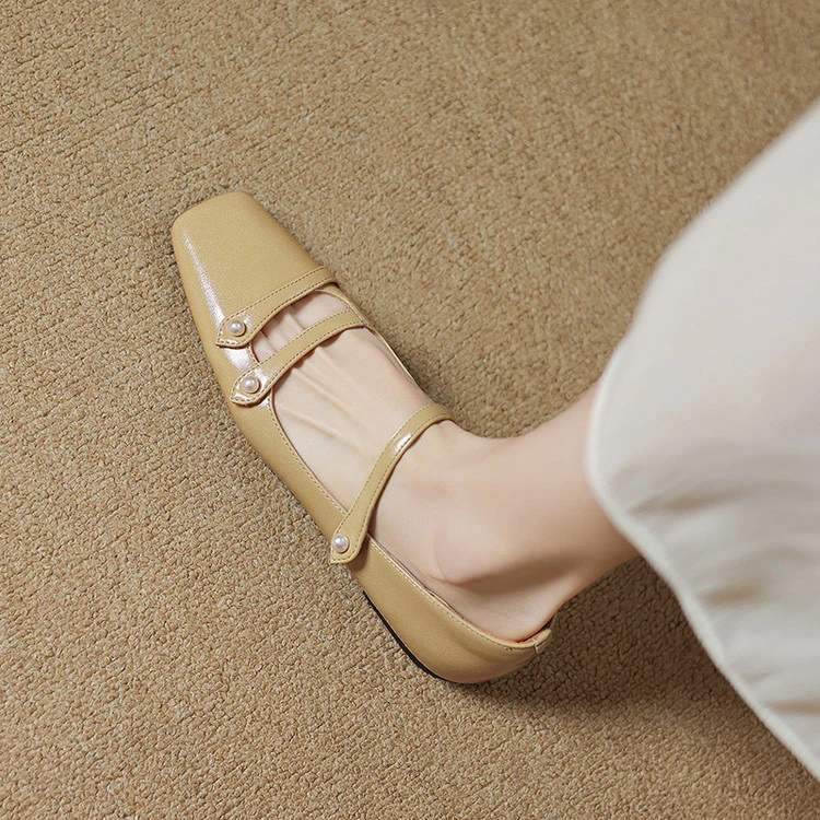 里外纯皮～牛皮1cm法式方头气质玛丽珍舒适百搭女单鞋春秋韩版平跟