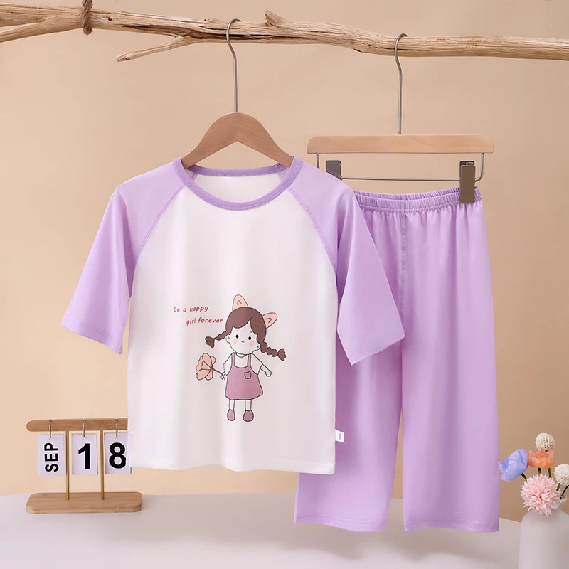 儿童夏季天丝套装男女童莱赛尔空调服宝宝薄款七分裤家居服睡衣