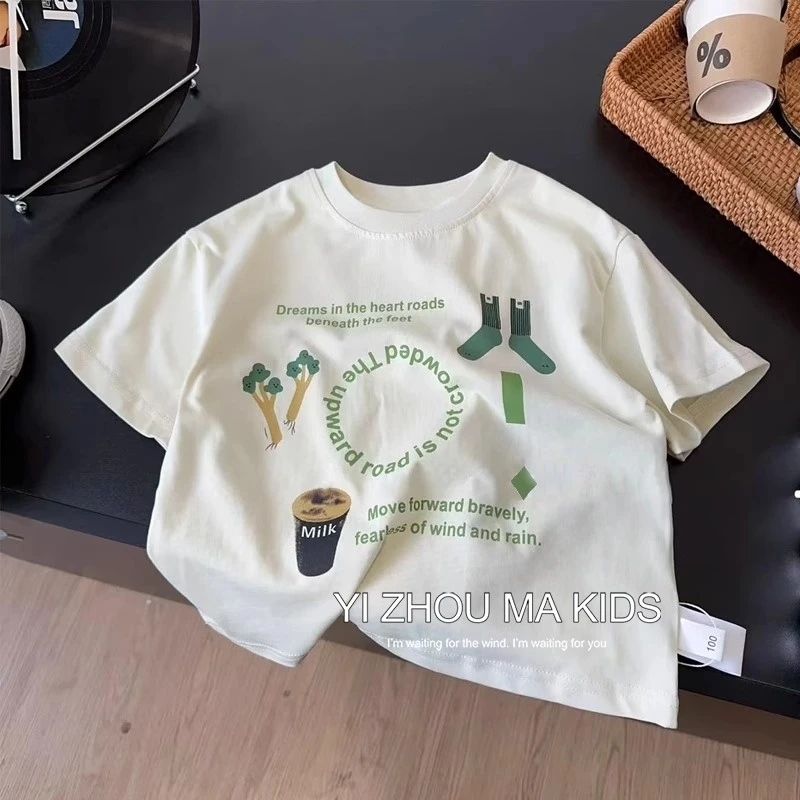 2025夏季男童T恤短袖中小童洋气印花半袖上衣儿童纯棉透气圆领潮T