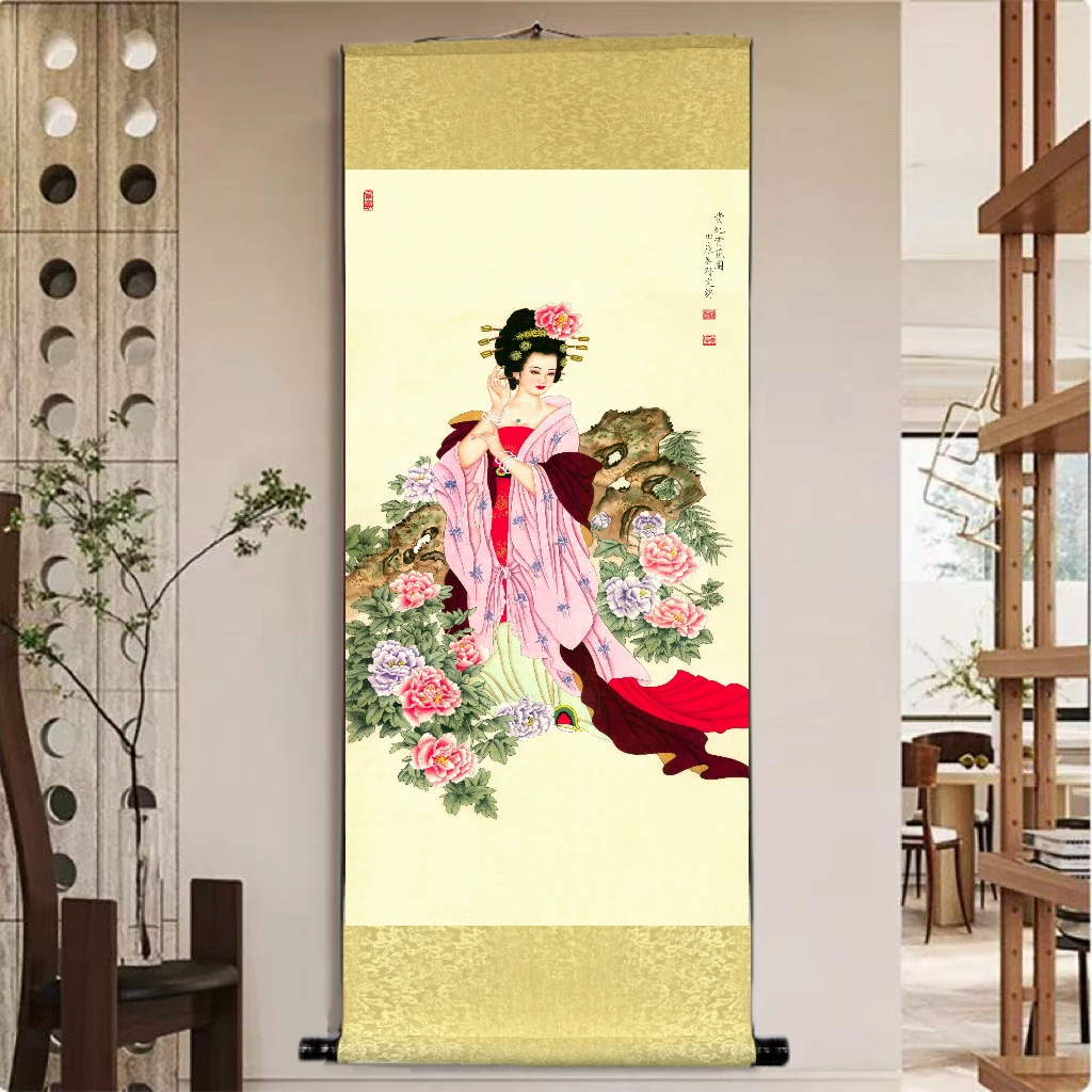 《贵妃赏花》 宽45高140 国画