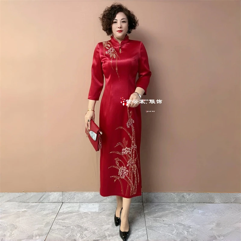 妈妈装结婚宴礼服中式旗袍醋酸缎连衣裙喜婆婆宴会敬酒服洋气长裙