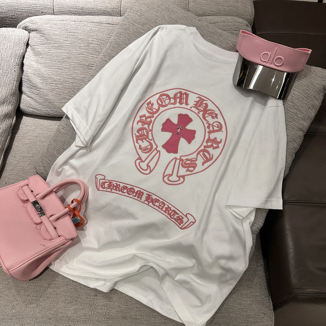 【甜酷十字架】设计感梵文刺绣粉色十字架印花短袖T恤CP240