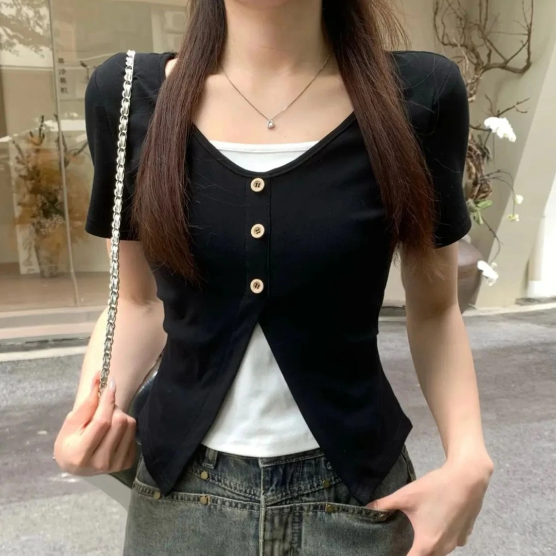 胖MM大码女装时尚百搭休闲短袖t恤2025新款遮肉显瘦假两件上衣