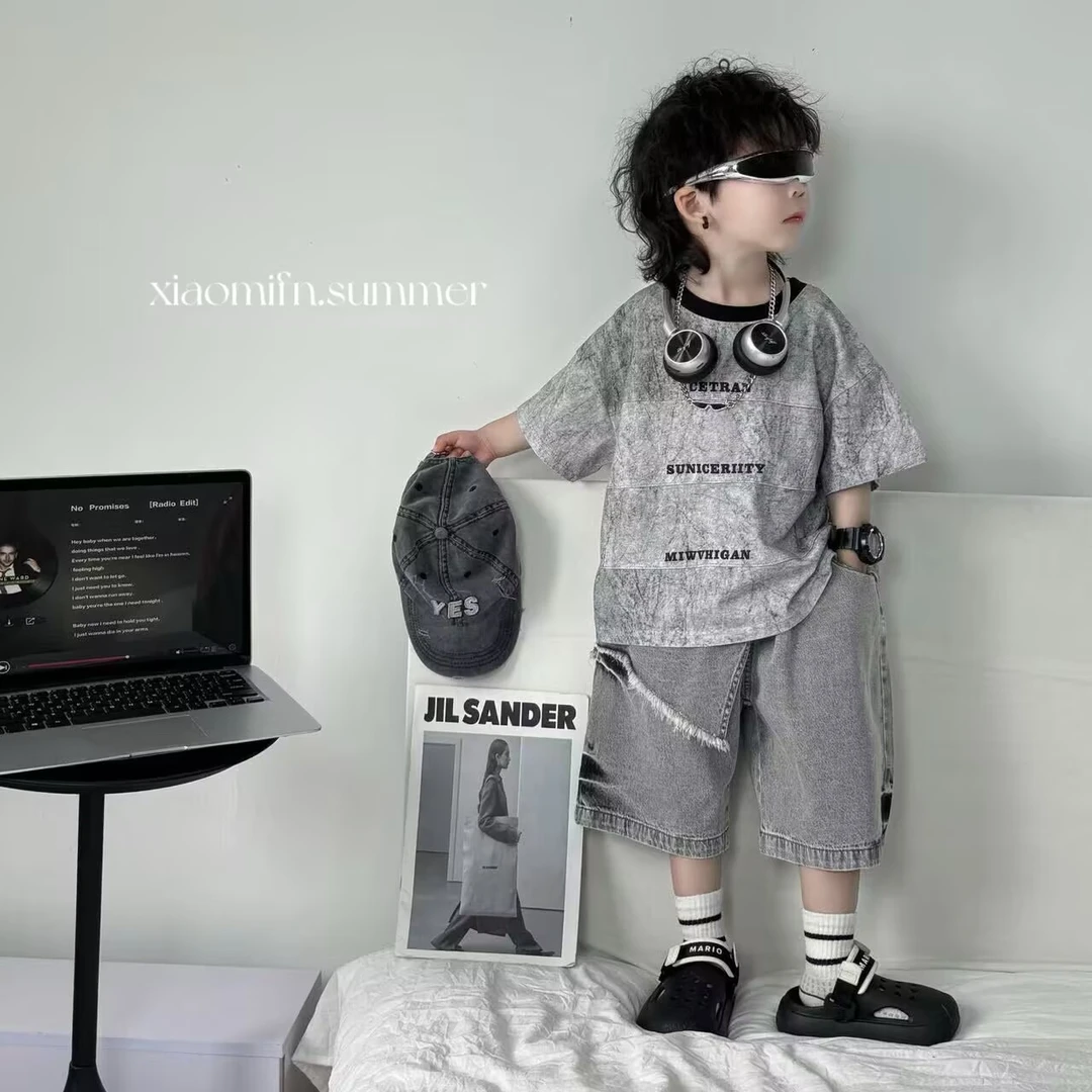 现货〃2025夏季新款短袖T恤牛仔短裤韩版男童洋气潮酷儿童x5029