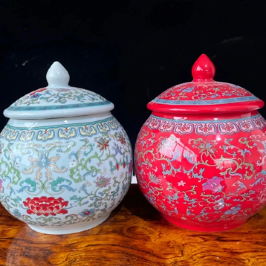 陶瓷茶叶罐大肚珐琅彩红青缠枝高档描金釉里红储物罐