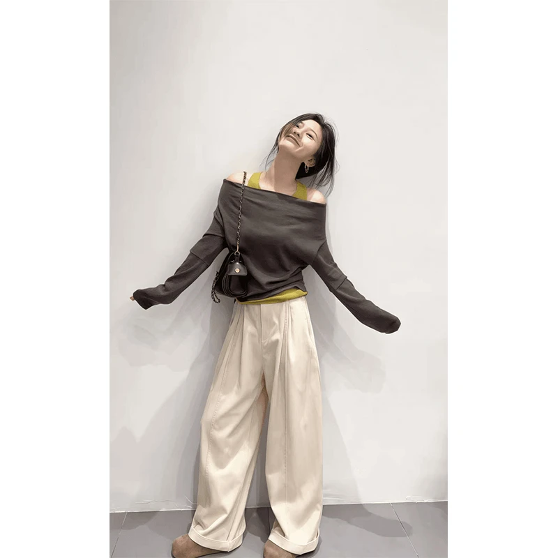 2025秋季气质高级感打底挂脖吊带衫一字领露肩长袖上衣T恤休闲裤