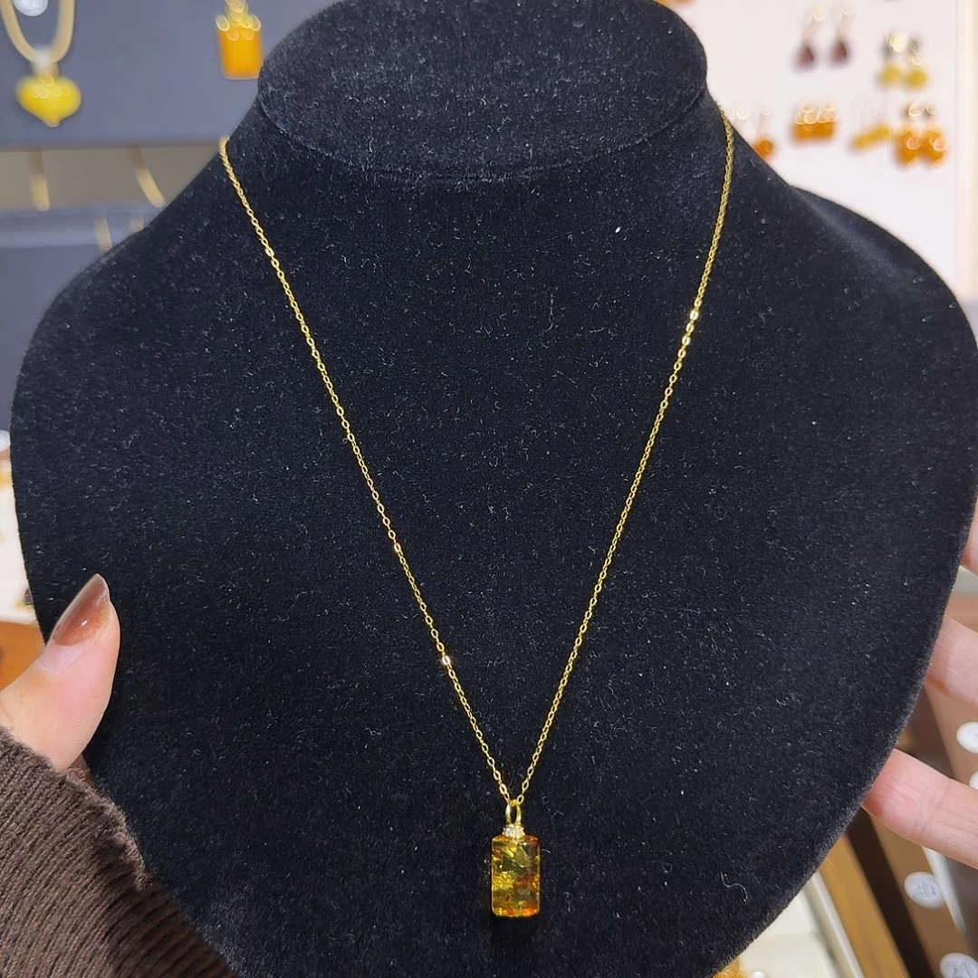 琥珀银S925镀金镶嵌颈饰