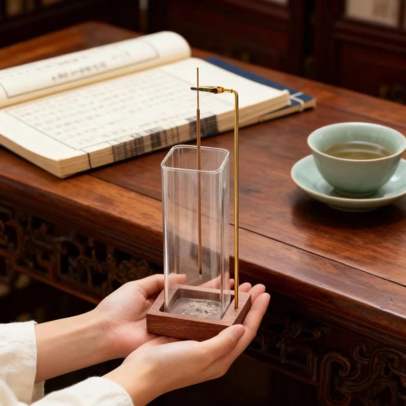 实木檀香熏香炉木质工艺品倒挂线香炉室内接灰玻璃杯立式香插