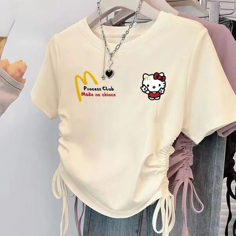 夏季新款中大童纯棉100女童短袖短款T恤儿童抽绳设计小众洋气上衣