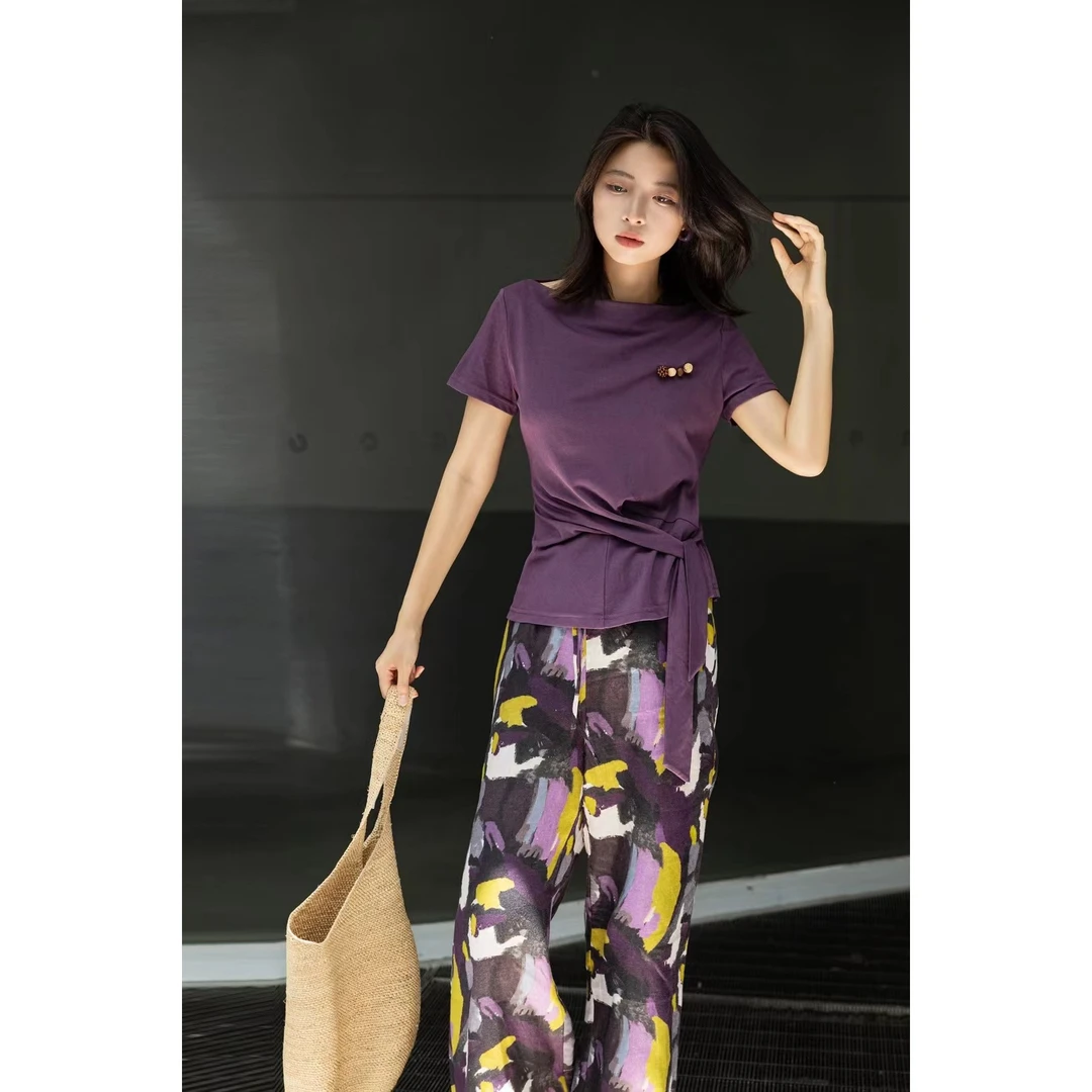 Mozch 高织高密棉钉珠绑带收腰显瘦短款T恤62365