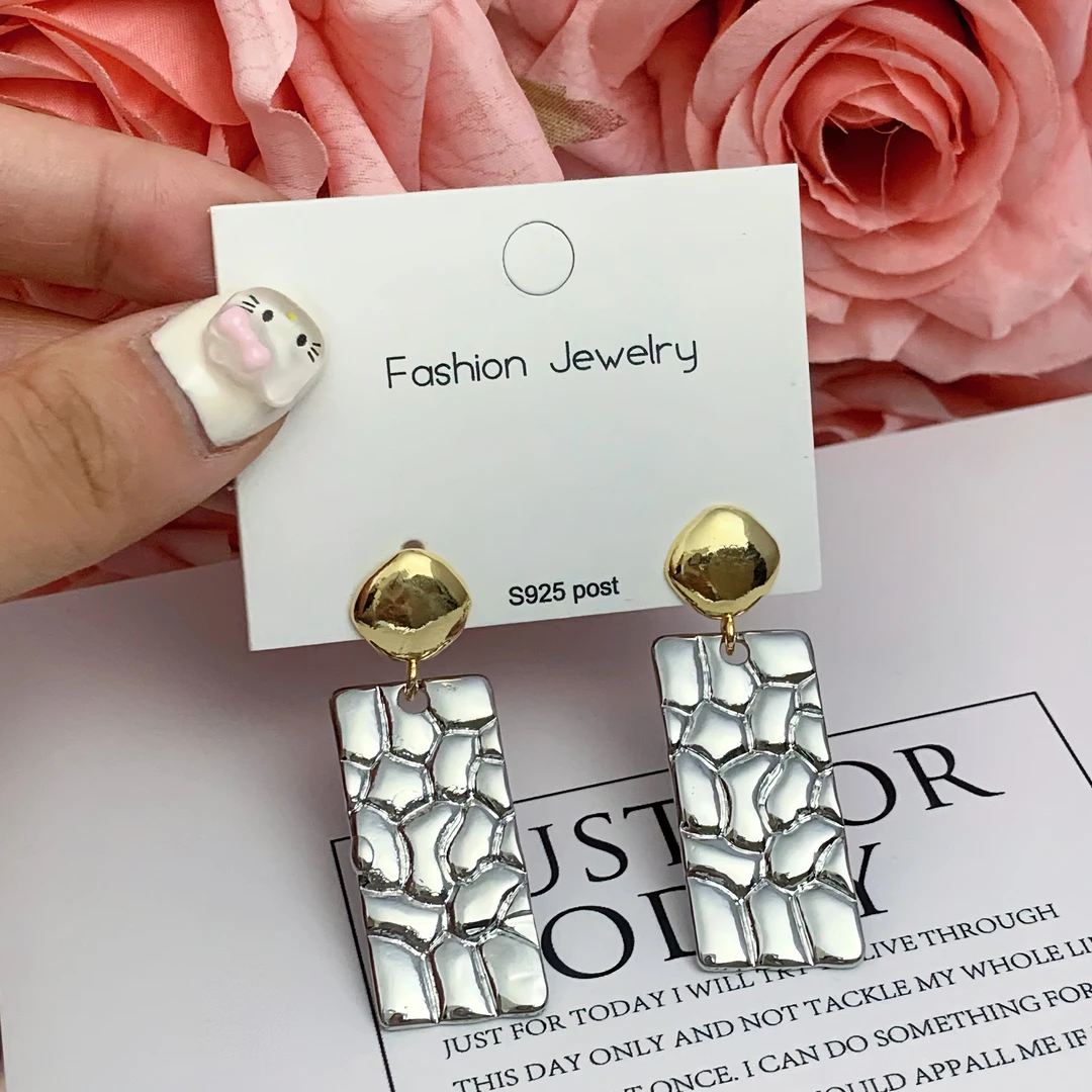 铜合金耳饰 满满耳环 金银拼色方块长条金属片片耳环轻奢高级耳饰