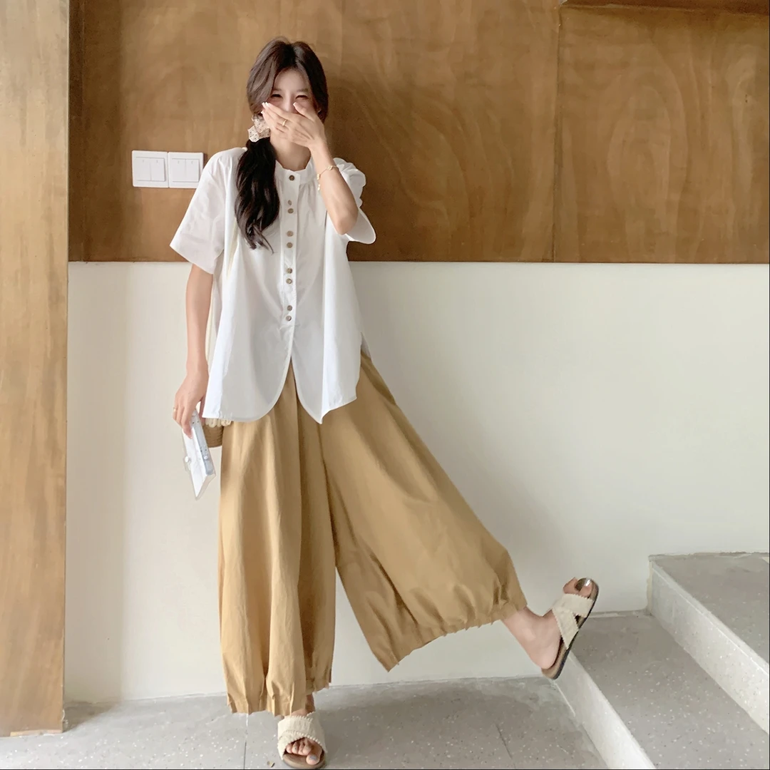 白色轻熟风温柔甜美衬衫套装女夏季2025年新款一整套阔腿裤两件套