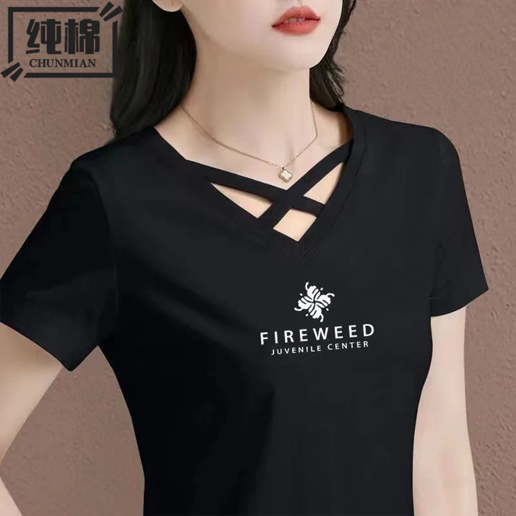 纯棉女士v领镂空短袖时尚上衣夏季体恤新款宽松显瘦休闲遮肚子T恤