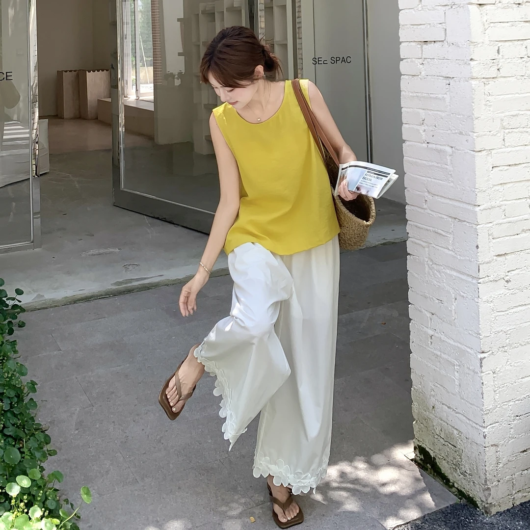 拼接无袖背心花边阔腿裤套装女夏季2025新款时尚慵懒风显瘦两件套