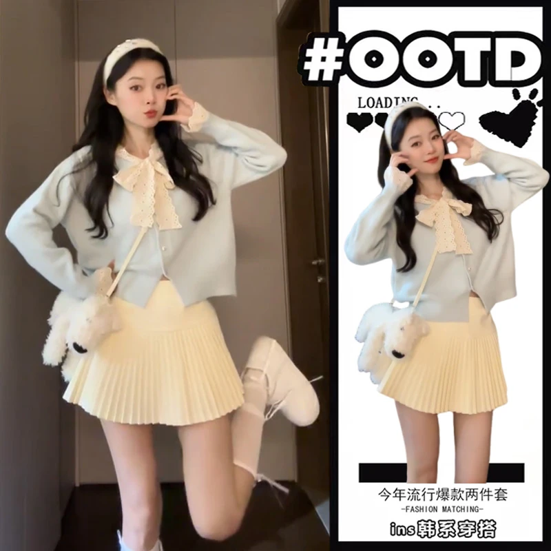 入秋一整套女装2025新款韩版甜美蕾丝花边显瘦针织衫百褶裙两件套