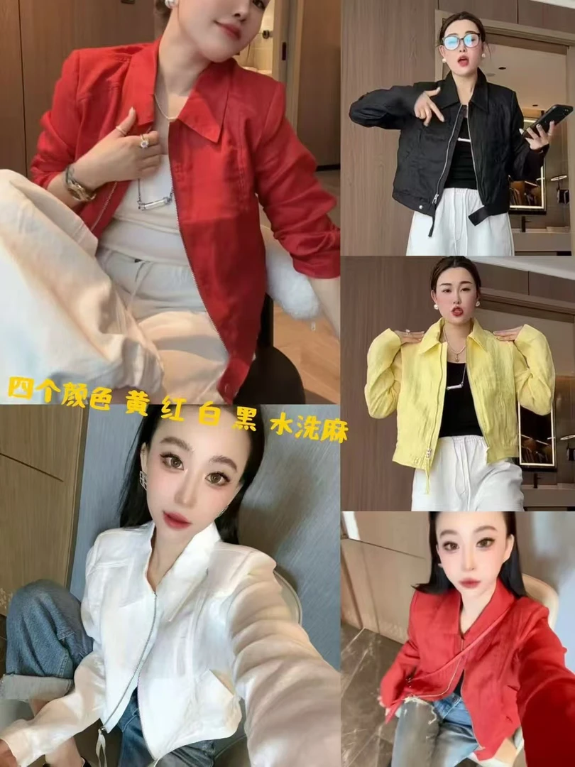 翻领水洗亚麻外套短款显瘦小个子夹克春秋百搭上衣网红时尚潮流女