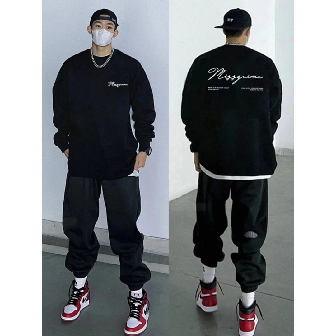 美式潮牌时尚简约字母黑色收口打底上衣男款秋季纯棉重磅长袖T恤