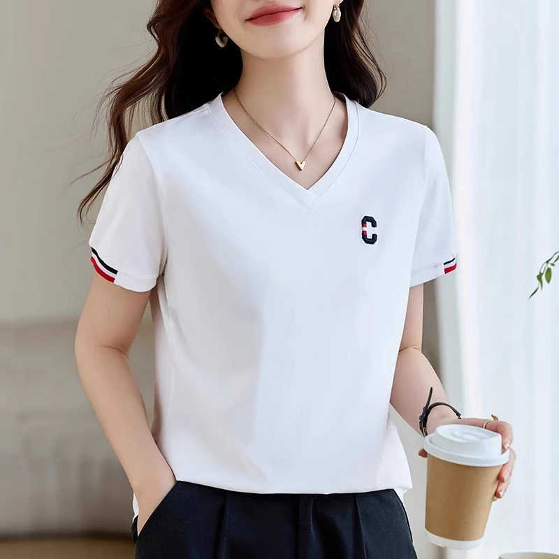 v领白色短袖t恤女2025新款夏季女装爆款修身正肩上衣洋气半袖体恤