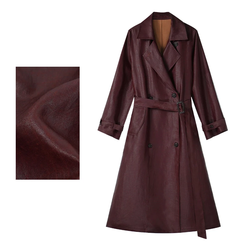 红云纱高定复古红色双排扣收腰系带垂坠长款宽松百搭风衣Y51010