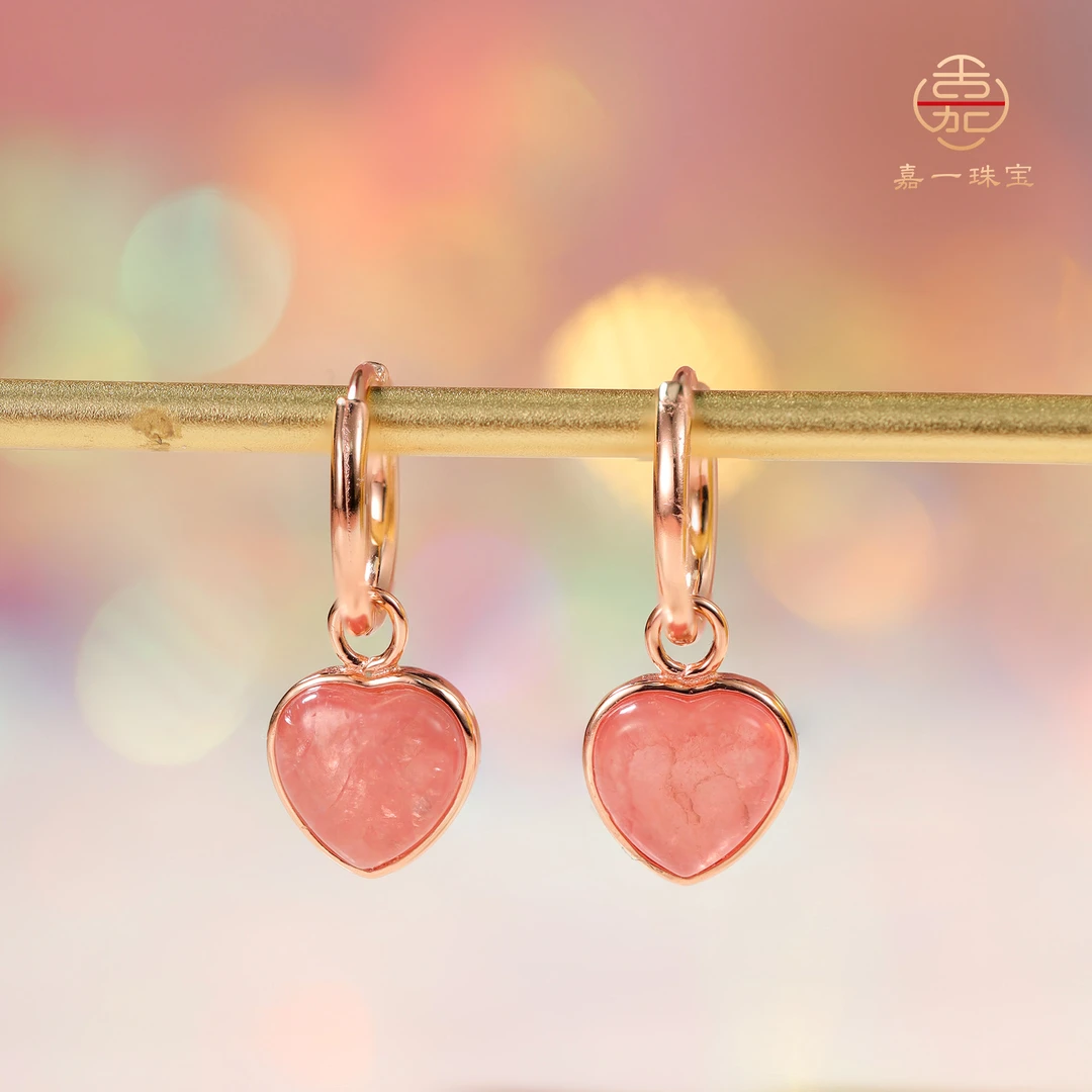 【嘉一珠宝】 冰种天然红纹石爱心耳环耳钉耳饰送女友(多样性其发一