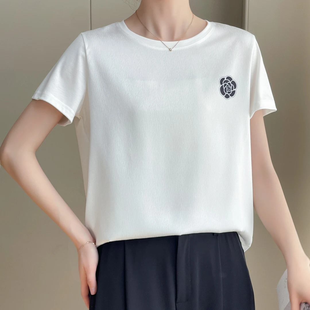 1410夏季丝滑缎面冰凉感女半袖T恤洋气AB拼接短袖
