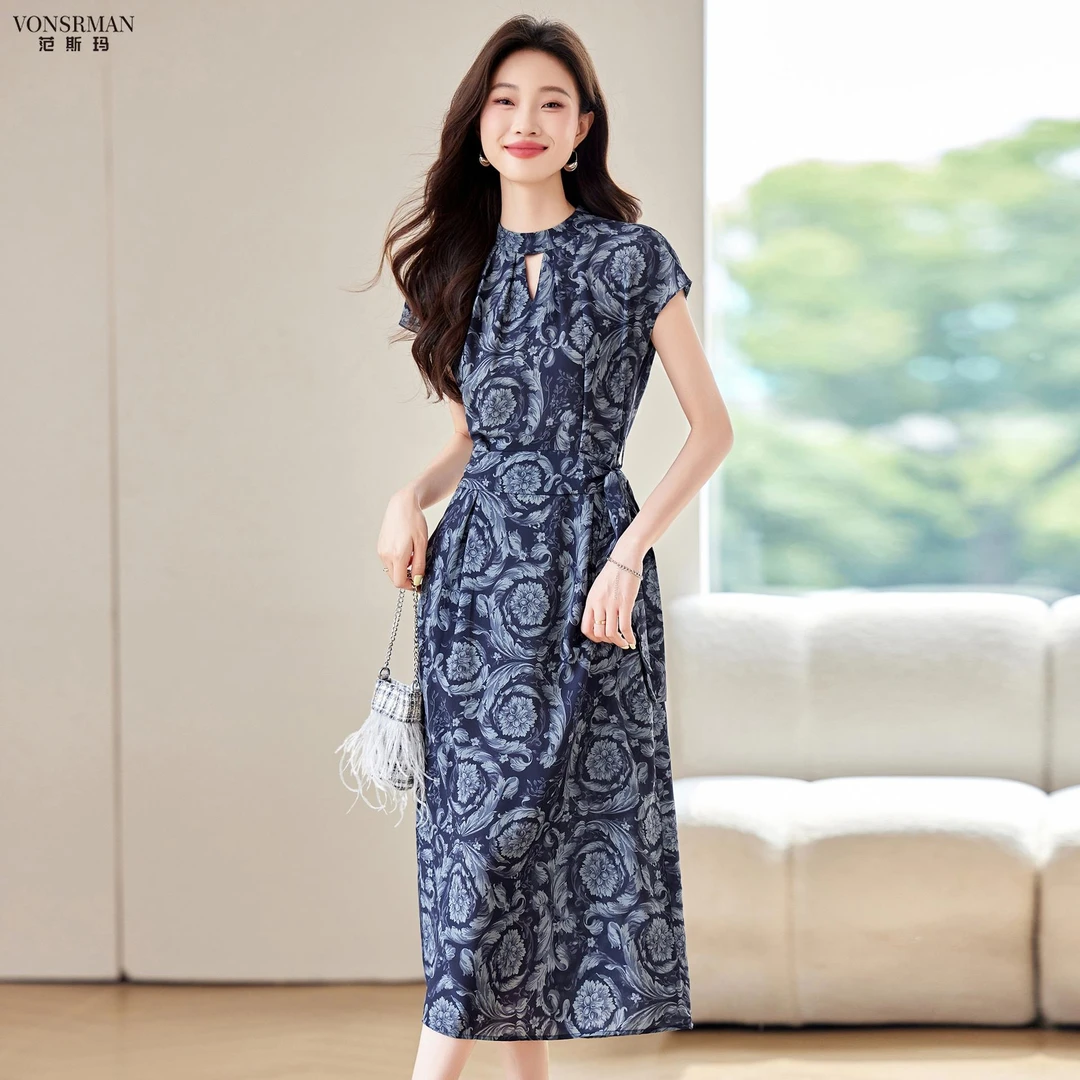 复古气质印花连衣裙女2025新款夏短袖收腰显瘦绑带优雅女人味裙子
